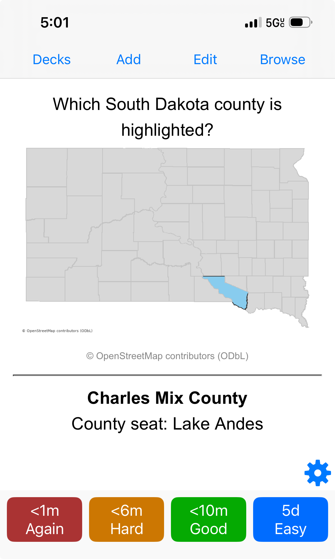 Anki displaying a geography flashcard with one South Dakota county highlighted