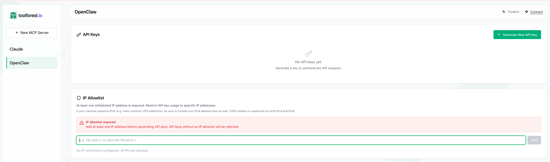 Toolforest portal showing API Keys and IP Allowlist sections